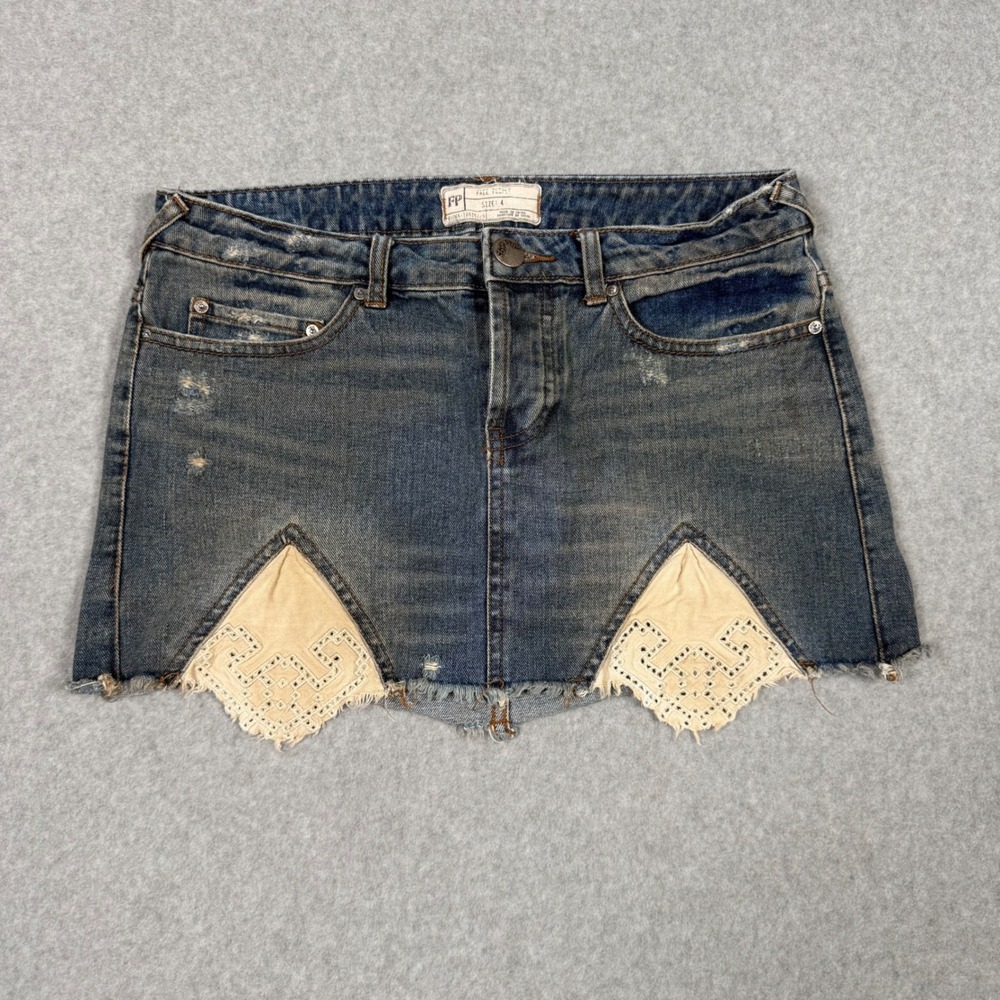 Free People Tire Swing Denim Micro Mini Skirt Lace Boho Size 4 Country Rodeo